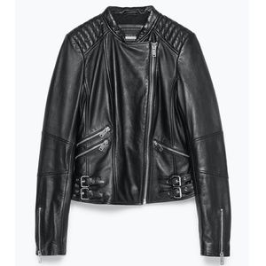 ZARA REAL LEATHER BIKER JACKET WITH ZIPS XS
